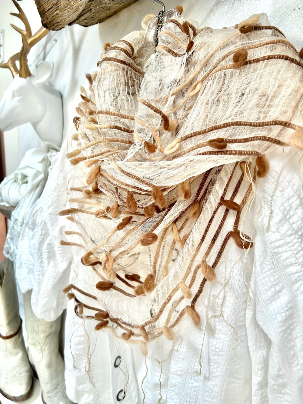 Artisan mega Texture boho scarf/wrap with gauzy fabric/Loop Accents resort vibe